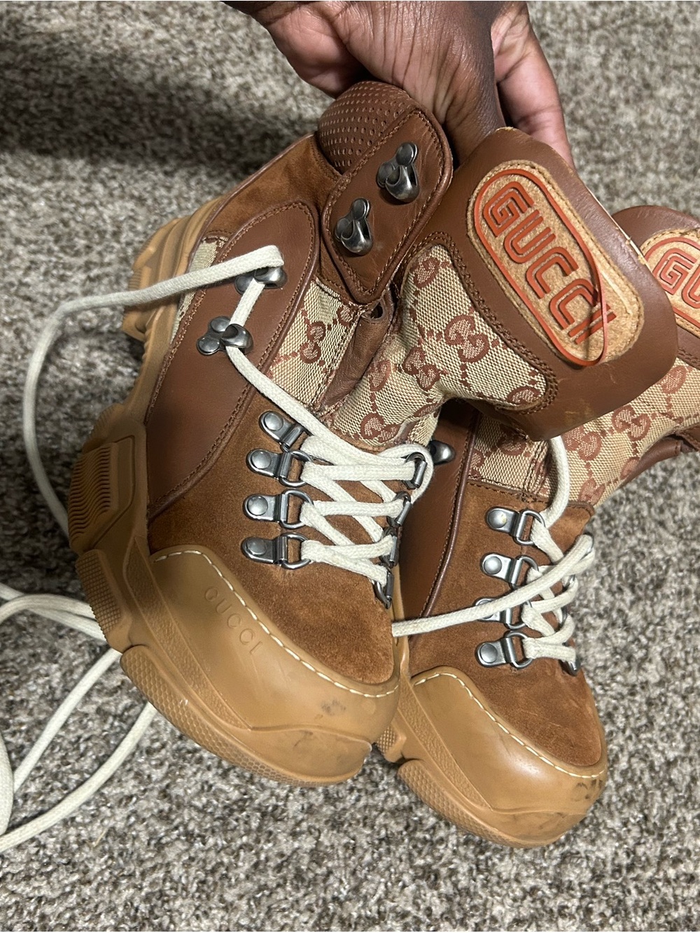 Gucci Men’s Brown GG Canvas Leather Hiking Boots